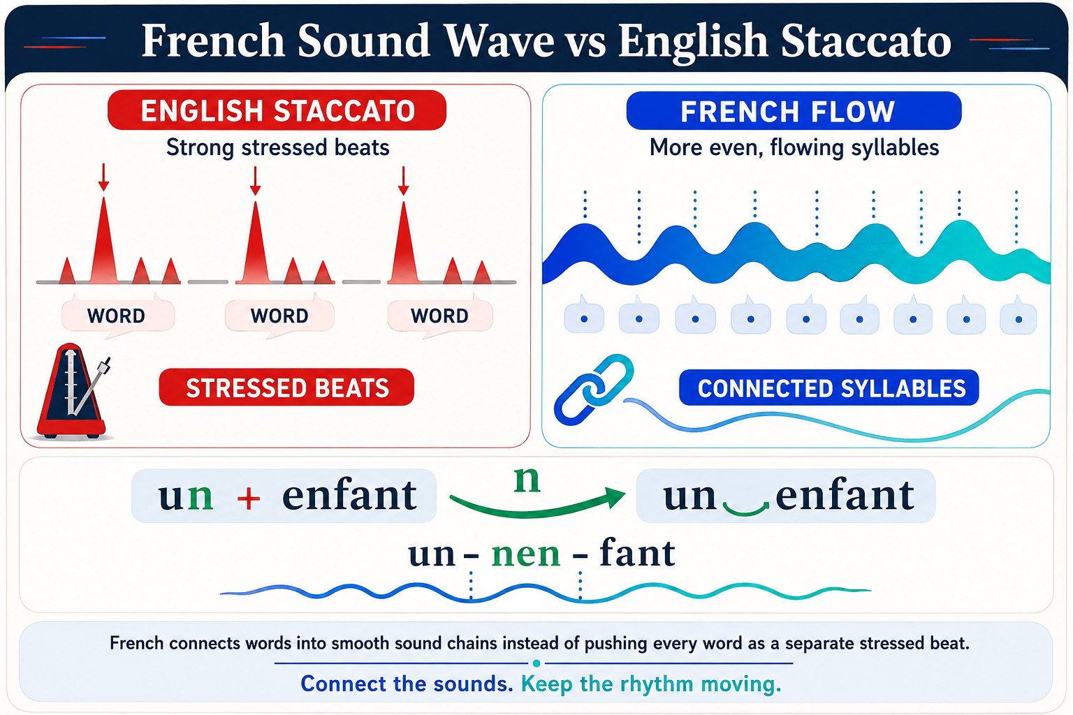 English staccato versus French flow infographic showing differences in French speech rhythm